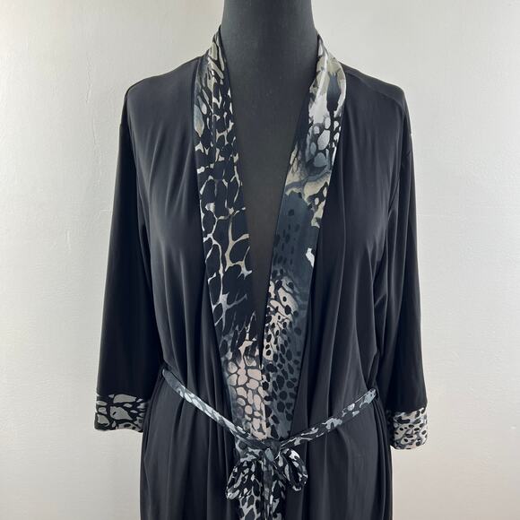 JOSIE Natori Black Robe Leopard Print Open Front Tie Waist Long Sleeve Size L - Picture 2 of 9